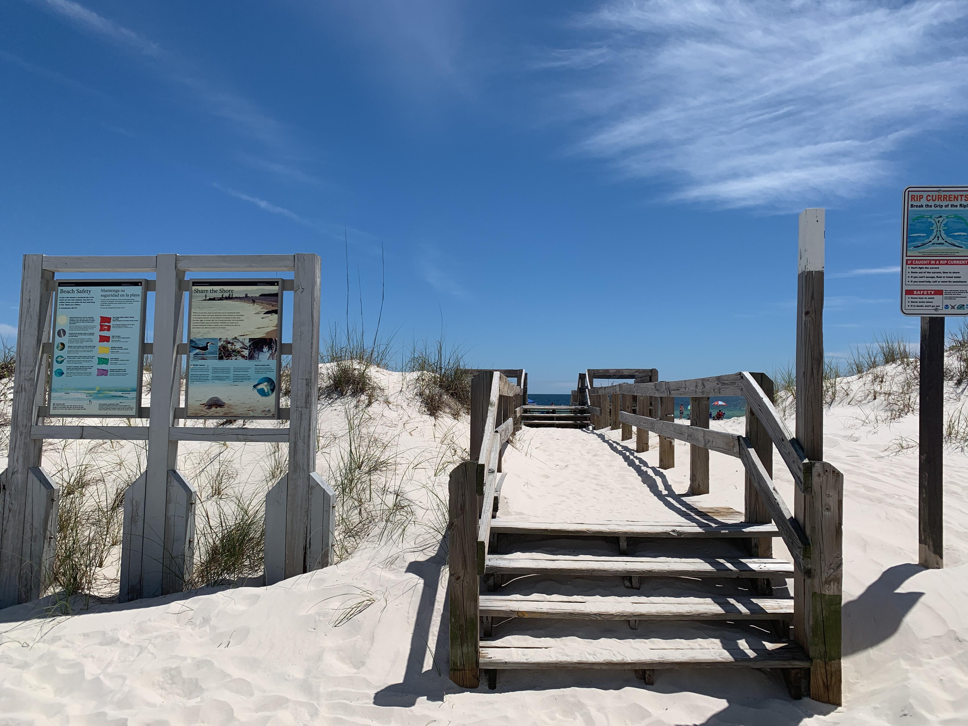 Boardwalk across white dunes to the Gulf at Perdido Key
