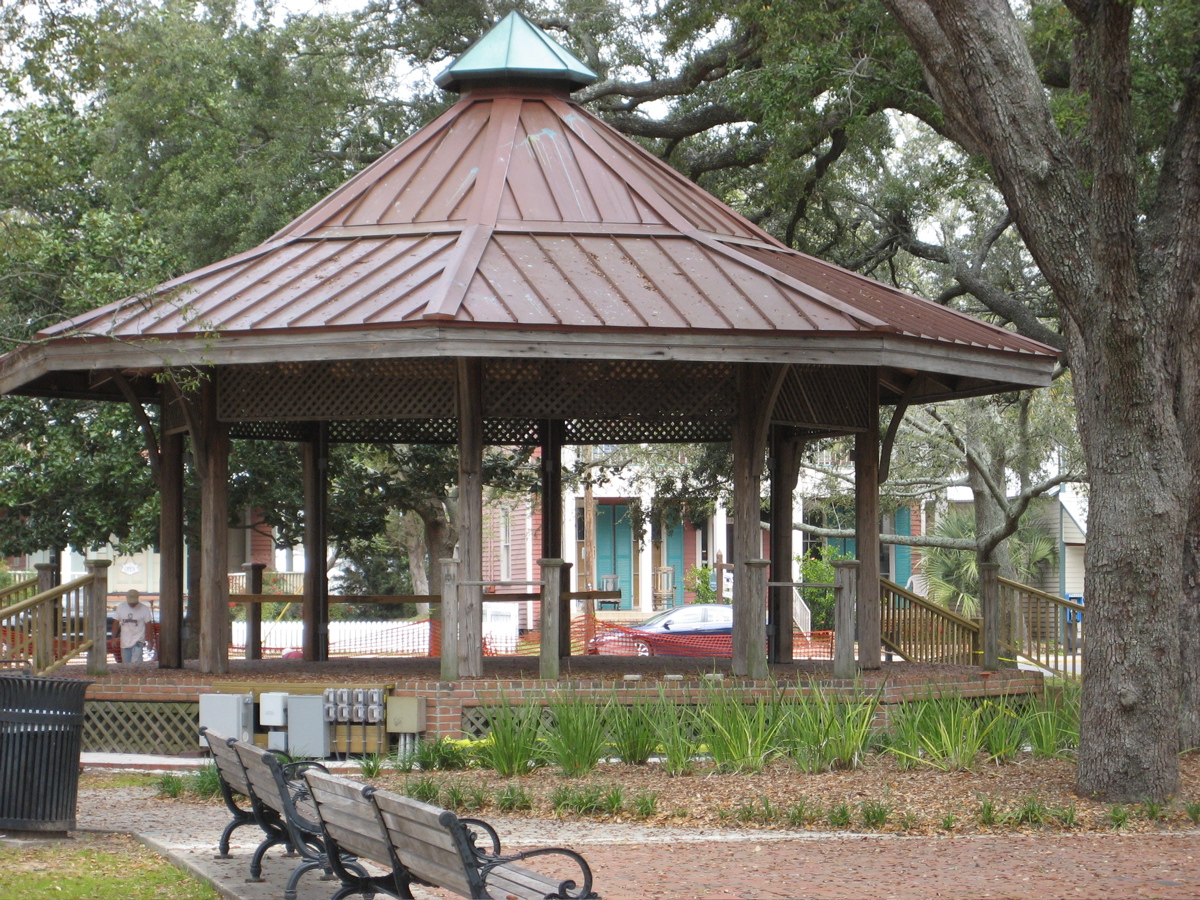 Gazebo and live oaks in historic Seville Square in downtown Pensacola